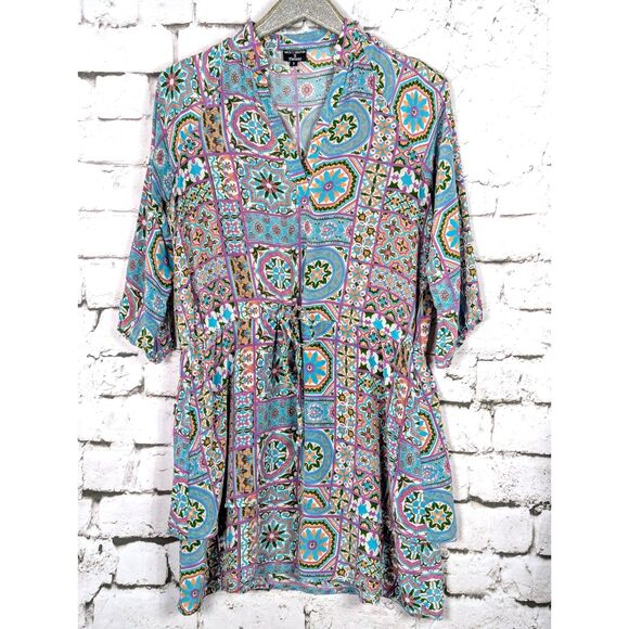 NICKY HILTON x TOLANI 100% Silk Arienzo Shirt Dress Mosaic Boho Feminine Small - Picture 2 of 7